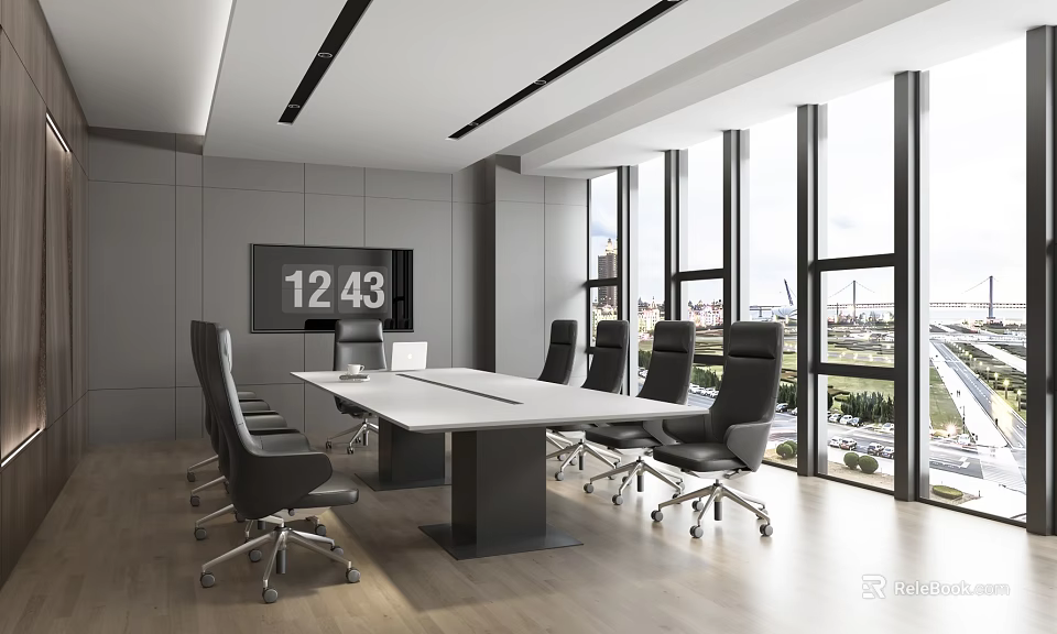Modern Conference Room Interior With Large Windows City View White Meeting Table And Black Chairs 3d model 