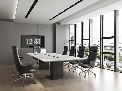 Modern Conference Room Interior With Large Windows City View White Meeting Table And Black Chairs 3d model