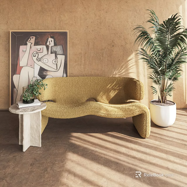 Yellow Curved Multi Seat Sofa With Side Table Small Plant And Beige Wall Artwork 3d model 