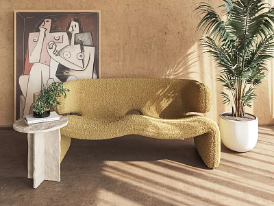 Yellow Curved Multi Seat Sofa With Side Table Small Plant And Beige Wall Artwork 3d model