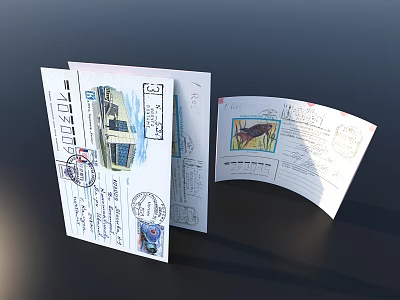 Vintage Postcards With Stamps Hand Drawn Designs And Travel Notes 3d model