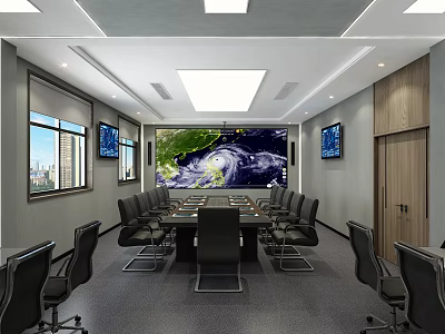 Modern Conference Room Interior With Long Table Chairs Large Screen TV Screens And Windows 3d model