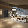 Clubhouse Mahjong Room With Turquoise Walls Wooden Ceiling Framed Paintings And Geometric Chandeliers