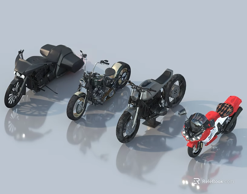 Four Diverse Motorcycles With Various Colors And Classic Modern Design Styles 3d model 