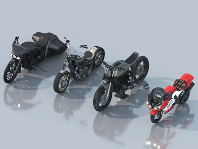 Four Diverse Motorcycles With Various Colors And Classic Modern Design Styles 3d model