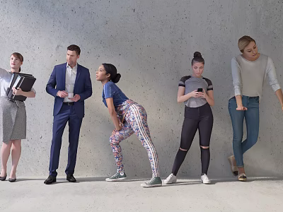 Group of diverse people lined up with various poses holding items against concrete wall 3d model