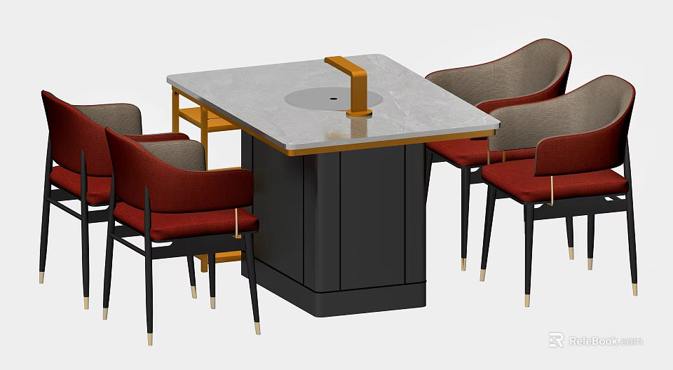 Modern Dining Table Set With Square Stone Tabletop Golden Column And Red Upholstered Chairs 3d model 