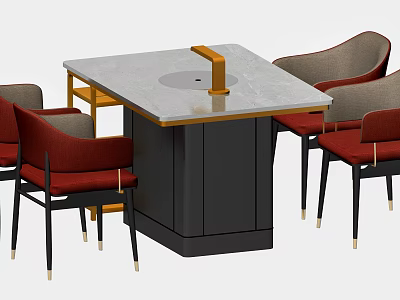Modern Dining Table Set With Square Stone Tabletop Golden Column And Red Upholstered Chairs 3d model