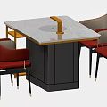 Modern Dining Table Set With Square Stone Tabletop Golden Column And Red Upholstered Chairs 3d model