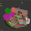Red House With Red Roof Green Orange Trees Small Outbuilding Grass Path Flag On Roof