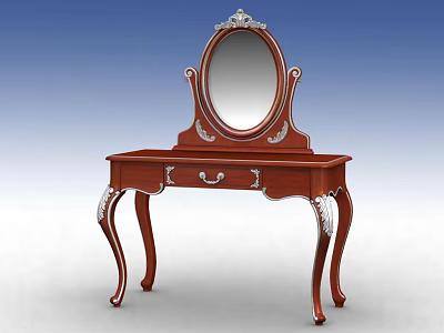 Classic Wooden Dressing Table With Oval Mirror Decorative Carvings And Curved Legs 3d model