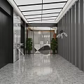 Modern Front Desk Reception With Marble Countertop Two Computers Green Plant Gray Wooden Background Wall