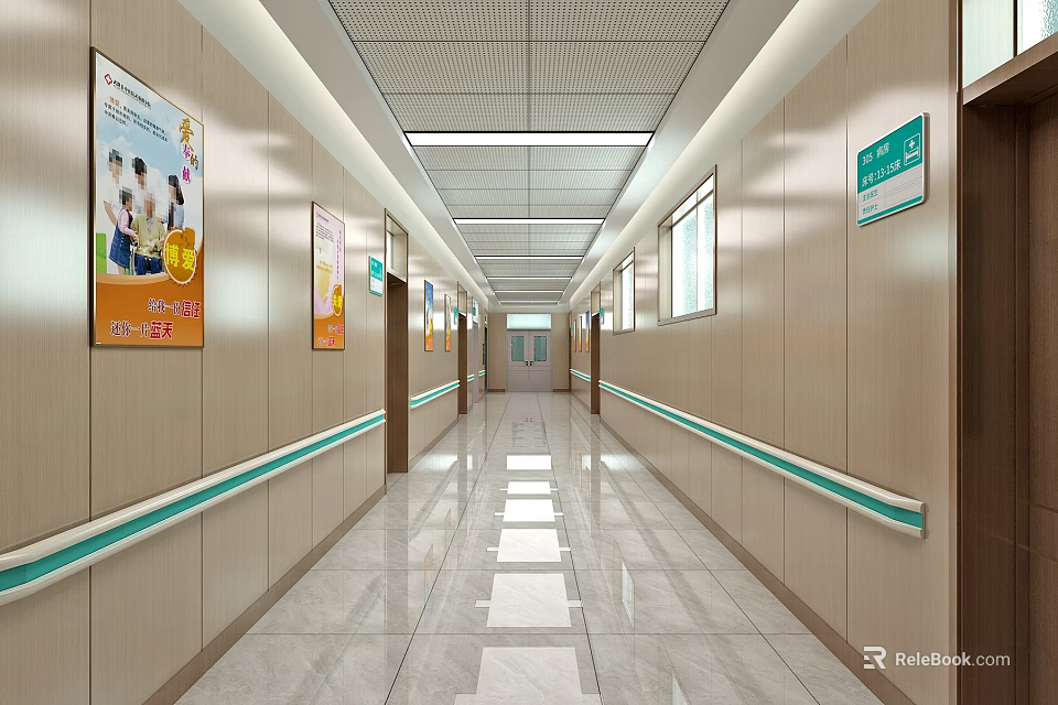 Hospital Corridor Interior With Beige Wall Panels Green Handrails And Posters 3d model 