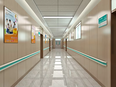 Hospital Corridor Interior With Beige Wall Panels Green Handrails And Posters 3d model