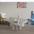 Colorful Kids Table and Chair Set With Round Table Star Pattern Cushion and Blue Chair