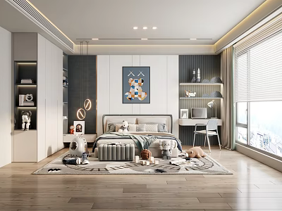 Modern Cozy Children's Room Interior With Bed Toys Bookshelf And Decorative Rug 3d model