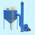 Blue Industrial Equipment With Chimney Pipeline Yellow Guardrail Platform And Ladder
