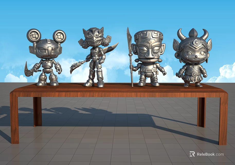 Mythical Cartoon Silver Sculptures Displayed on Wooden Table Against Blue Sky White Clouds 3d model 