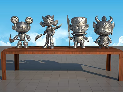 Mythical Cartoon Silver Sculptures Displayed on Wooden Table Against Blue Sky White Clouds 3d model