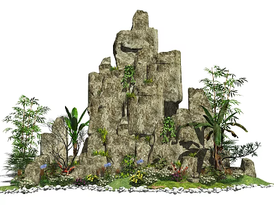 Garden Ornament Featuring Natural Rockery With Bamboo Palm And Colorful Flowers 3d model