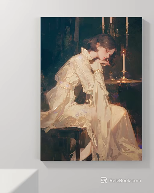 Classical Female Portrait Painting In White Dress With Candle And Sitting Posture 3d model 