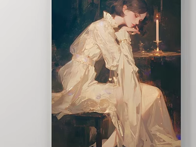 Classical Female Portrait Painting In White Dress With Candle And Sitting Posture 3d model