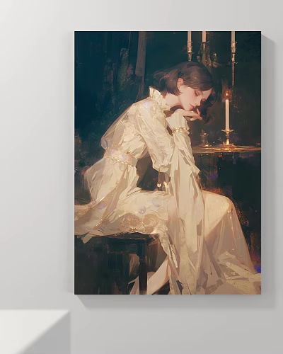 Classical Female Portrait Painting In White Dress With Candle And Sitting Posture 3d model