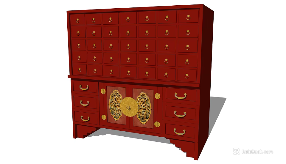 Traditional Chinese Red Storage Cabinet With Gold Circular Clasps Multiple Drawers And Doors 3d model 