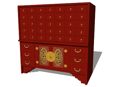 Traditional Chinese Red Storage Cabinet With Gold Circular Clasps Multiple Drawers And Doors 3d model