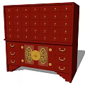 Traditional Chinese Red Storage Cabinet With Gold Circular Clasps Multiple Drawers And Doors