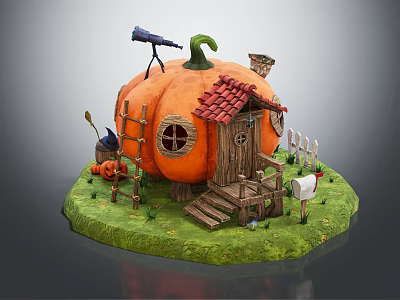 Cartoon Scene With Pumpkin House Red Roof Round Windows Ladder Telescope Small Pumpkins Fence Mailbox 3d model