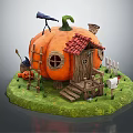 Cartoon Scene With Pumpkin House Red Roof Round Windows Ladder Telescope Small Pumpkins Fence Mailbox