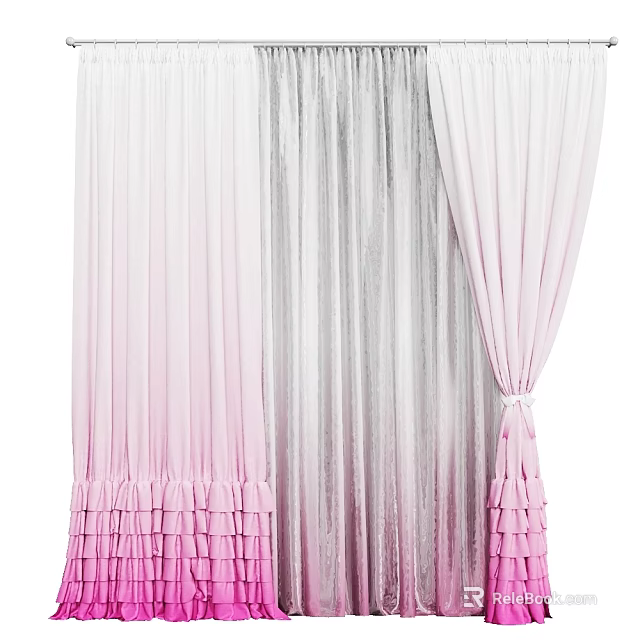Soft Texture Pink Gradient Pleated Curtains With Ruffled Hem For Romantic Decor 3d model 