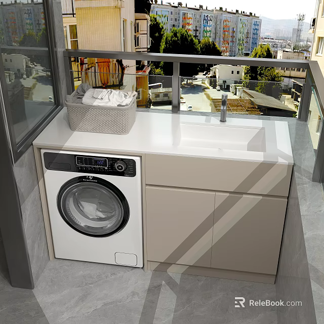 Contemporary Laundry Cabinet With Washing Machine Sink Laundry Basket And Balcony 3d model 