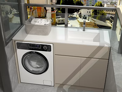 Contemporary Laundry Cabinet With Washing Machine Sink Laundry Basket And Balcony 3d model