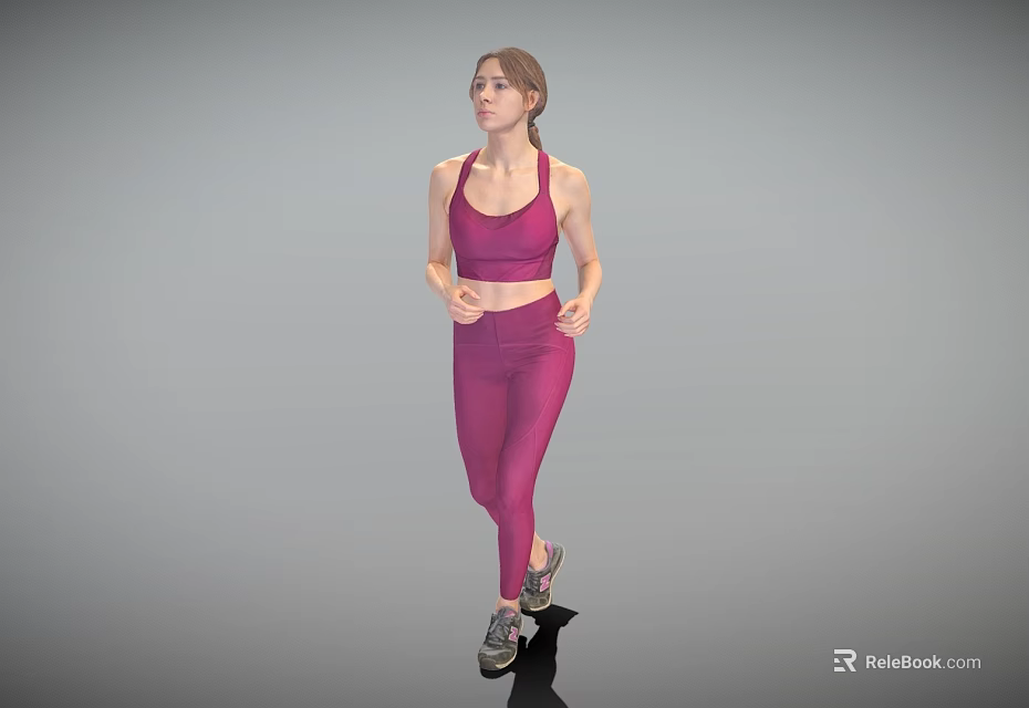 Woman In Pink Sports Bra And Leggings Running Against Gray Background 3d model 