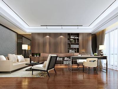 Modern Office Interior With Sofa Chairs Wooden Bookshelf Desk And Large Windows 3d model