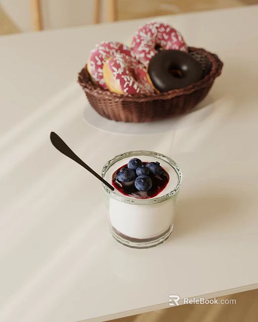 Creamy White Dessert In Glass Cup With Blueberries Berry Sauce Black Spoon And Donut Basket 3d model 