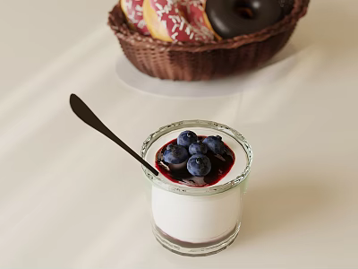 Creamy White Dessert In Glass Cup With Blueberries Berry Sauce Black Spoon And Donut Basket 3d model