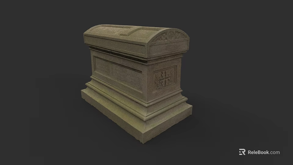 Garden Landscape With Ornate Stone Coffin And Carved Cross Design 3d model 