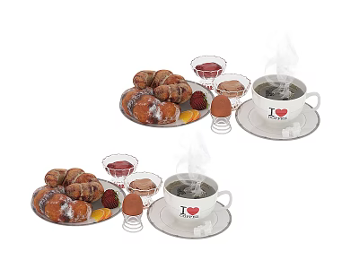Delicious Breakfast Spread With Fresh Donuts Hot Tea Jam Boiled Eggs And Fruits 3d model
