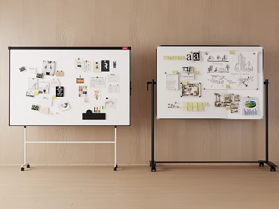 Whiteboards With Design Sketches Images Texts On Wooden Floor Against Light Wooden Wall 3d model