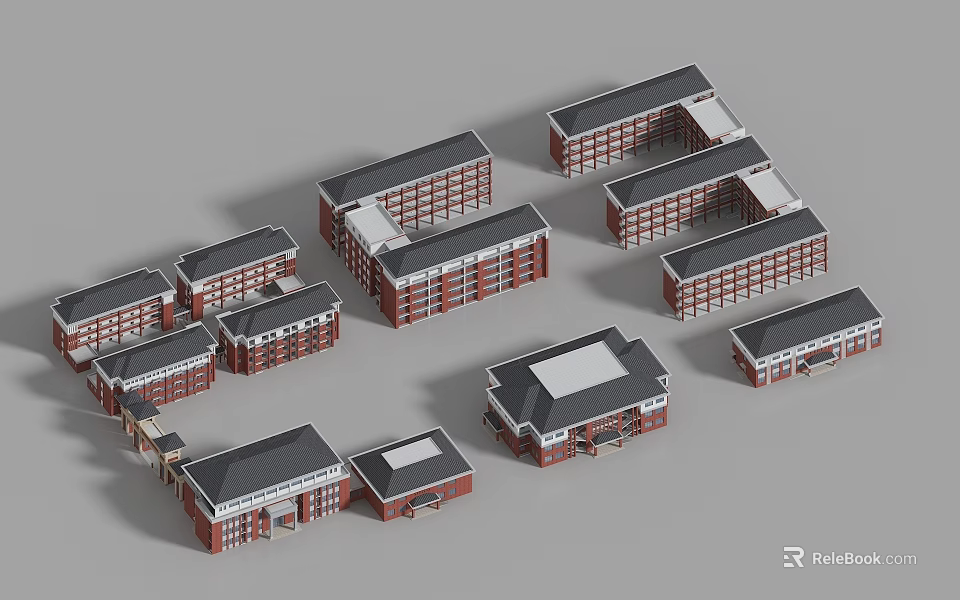 Modern School Buildings With Red Brick Exteriors Multiple Roof Styles And Connected Wings 3d model 