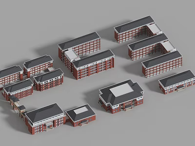 Modern School Buildings With Red Brick Exteriors Multiple Roof Styles And Connected Wings 3d model