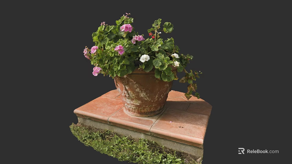 Terracotta Flower Pot With Pink And White Flowers Green Leaves On Red Brick Platform 3d model 