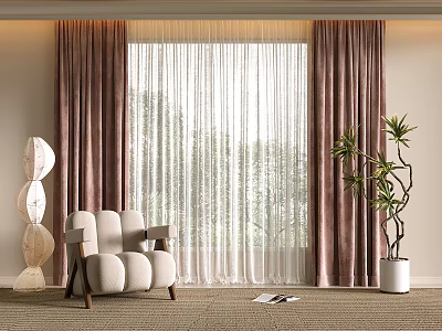 Brown Curtains With White Sheer Panel In Modern Living Room With Sofa And Plants 3d model