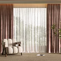 Brown Curtains With White Sheer Panel In Modern Living Room With Sofa And Plants