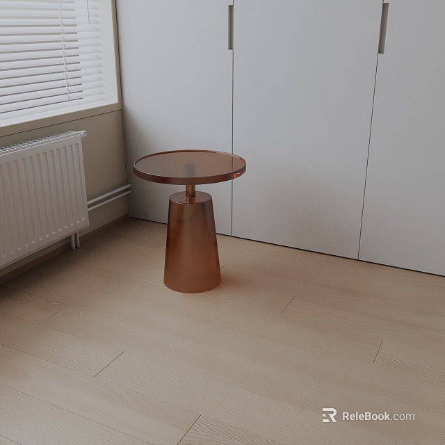 Modern Round Top Side Table With Copper Base And White Cabinets On Light Wooden Floor 3d model 