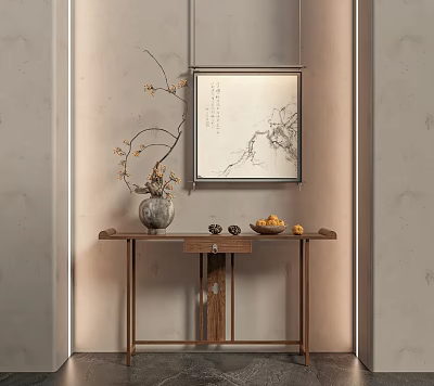 Traditional Chinese Style Console Table With Vase Flower Branches Fruits And Painting 3d model
