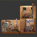 Cartoon Style 3D Cutaway Two Story Room With Kitchen Bathroom Living Area And Small Furniture Items